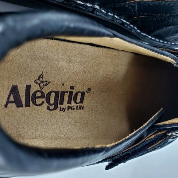 Alegria by PG Lite EU41/ US 9.5 Black Leather Silver Rose Embossed Mules Clogs - Picture 3 of 10